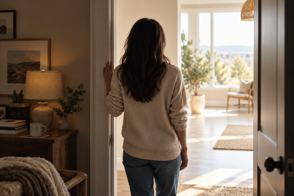 Woman standing in a doorway looking toward a bright room