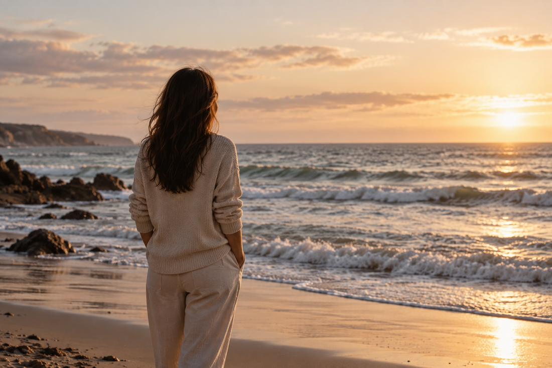 Woman standing on a beach looking out at the ocean at sunset