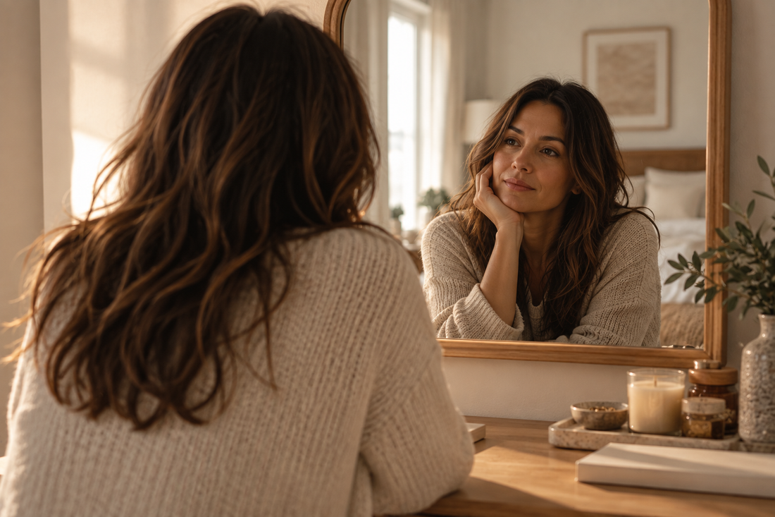 Woman looking at her reflection in a bedroom mirror
