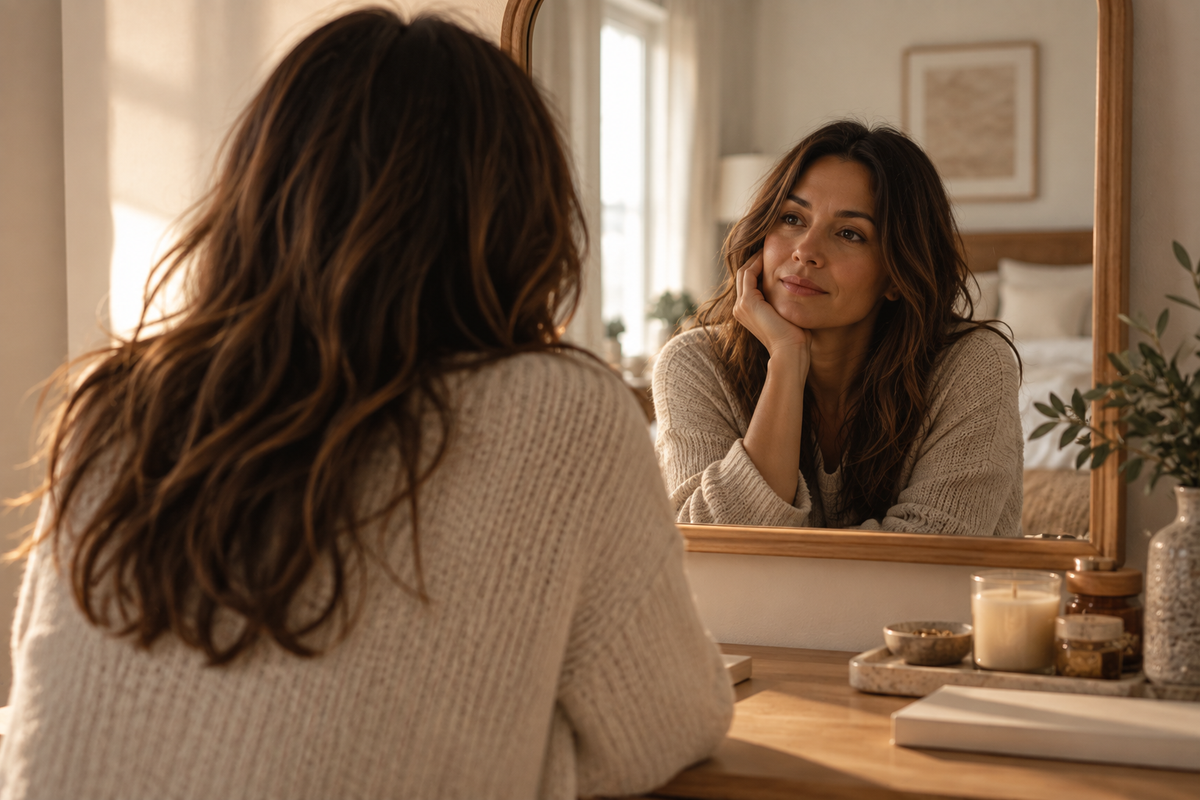 Woman looking at her reflection in a bedroom mirror