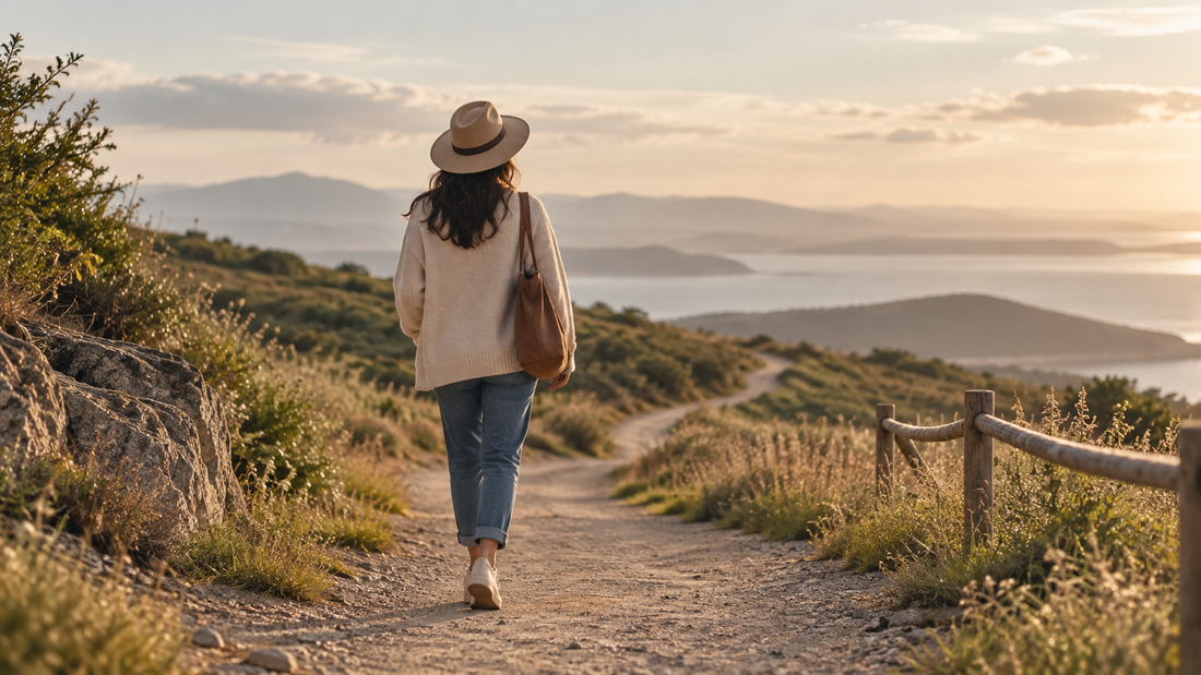 Woman walking along a winding path toward an open landscape