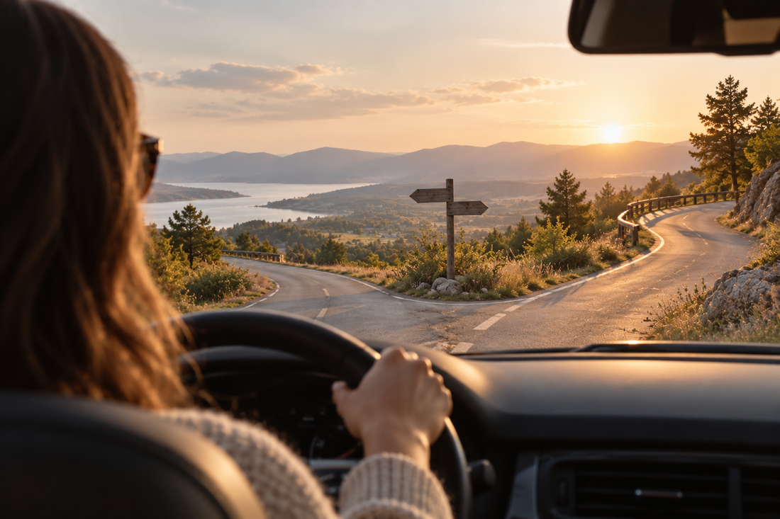 Woman driving along a winding road toward an open landscape with mountains and water at sunset