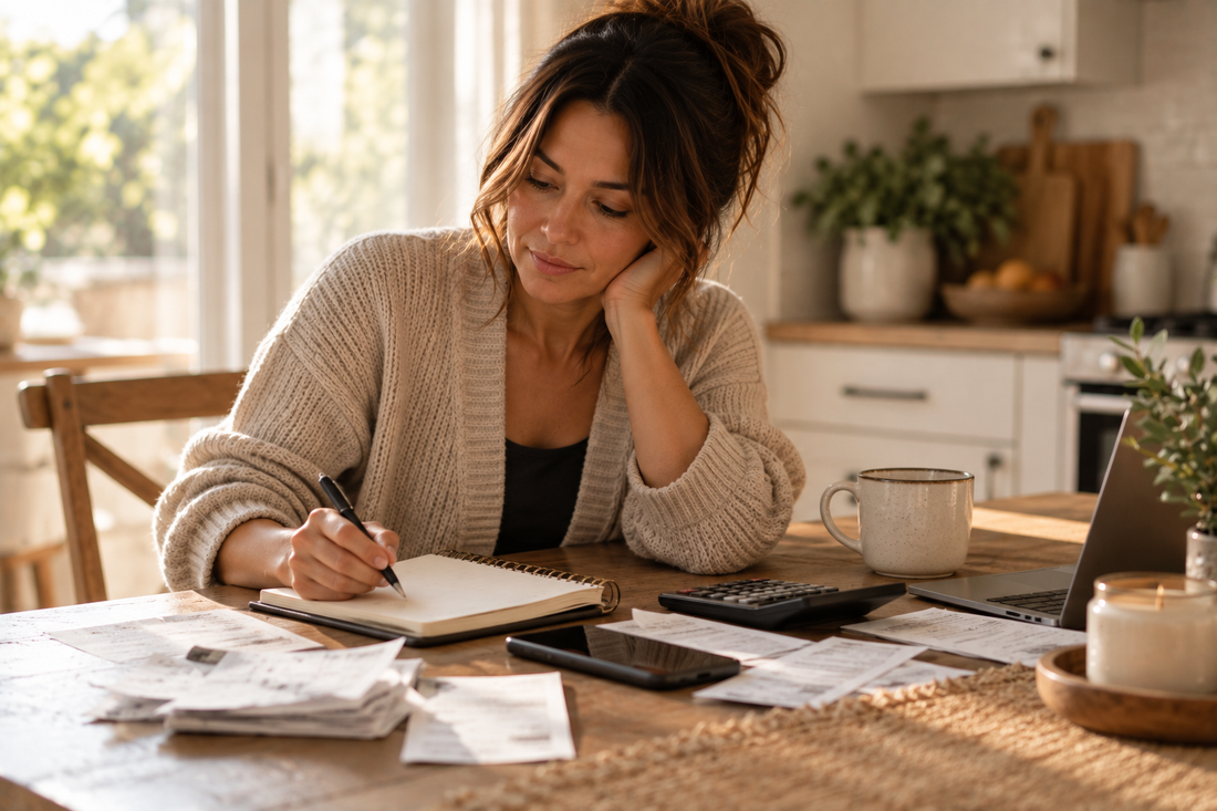 Woman reviewing her finances with a notebook, calculator, and receipts at a kitchen table